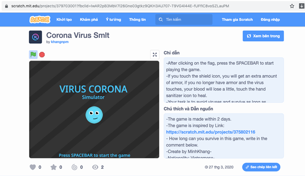 Ha Noi: Be lop 5 tu thiet ke tro choi “Danh bay COVID-19