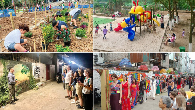 Các KTS Hà Nội đã sắn tay đồng hành cùng Chính quyền địa phương, cộng đồng dân cư, các nghệ sĩ tình nguyện tạo nên không gian Nghệ thuật cộng đồng Phúc Tân, công viên Rừng Chương Dương từ những khu đất rác ô nhiễm trầm trọng, tệ nạn lấn chiếm đất công tràn lan.