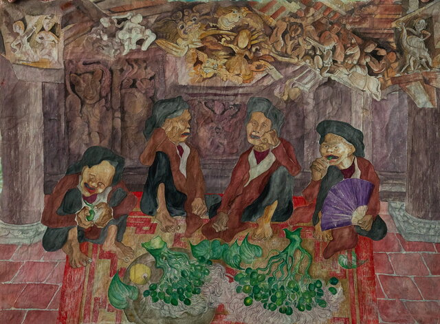 Tranh các cụ ăn trầu của tác giả Kim Liên. Ảnh: 